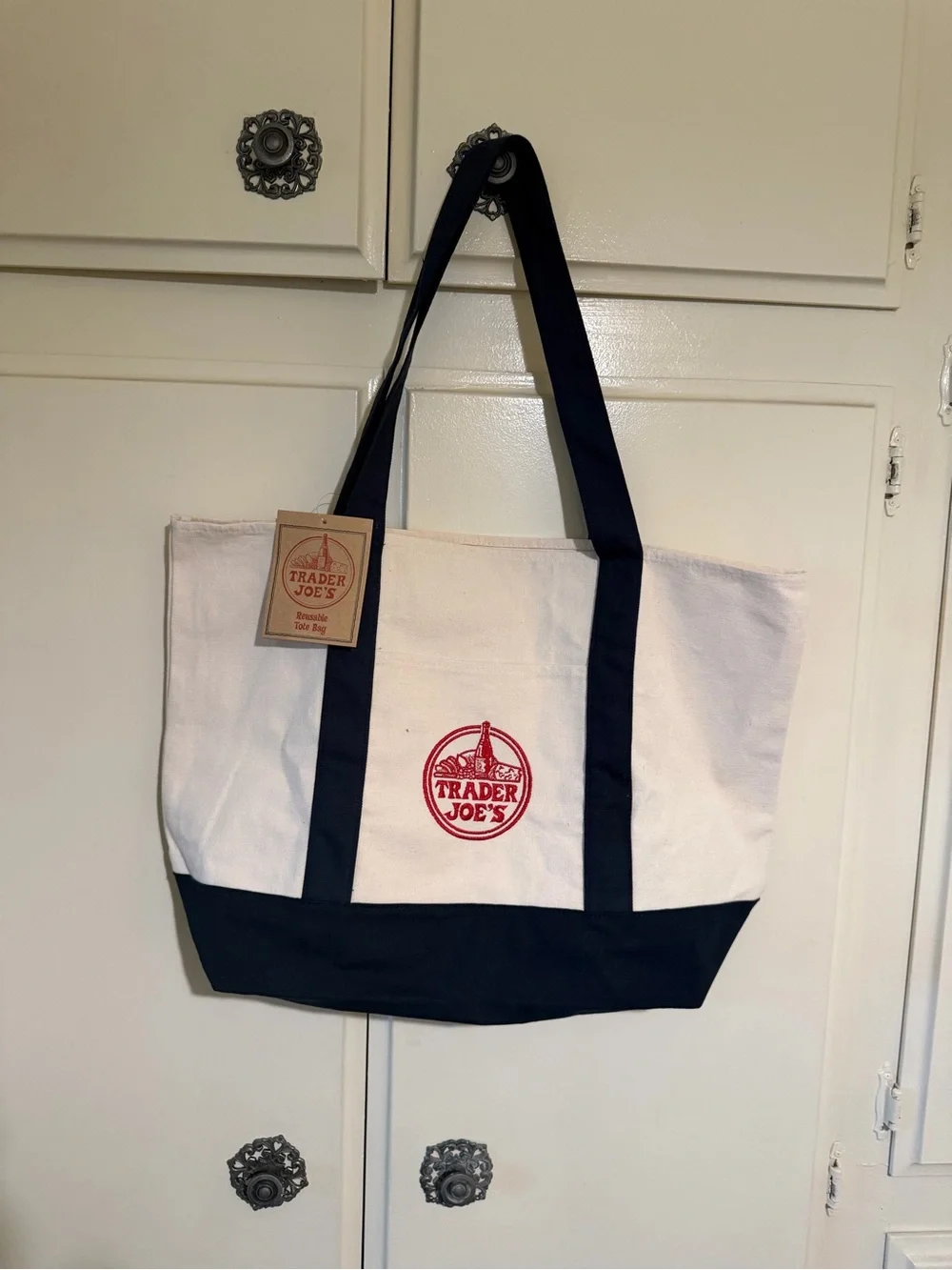 Authentic Trader Joe’s Canvas Tote Bag in White and Navy 20X 13”